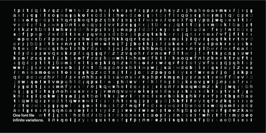 Helvetica Now with glyph variation, a black background with white letters of varying widths and weights